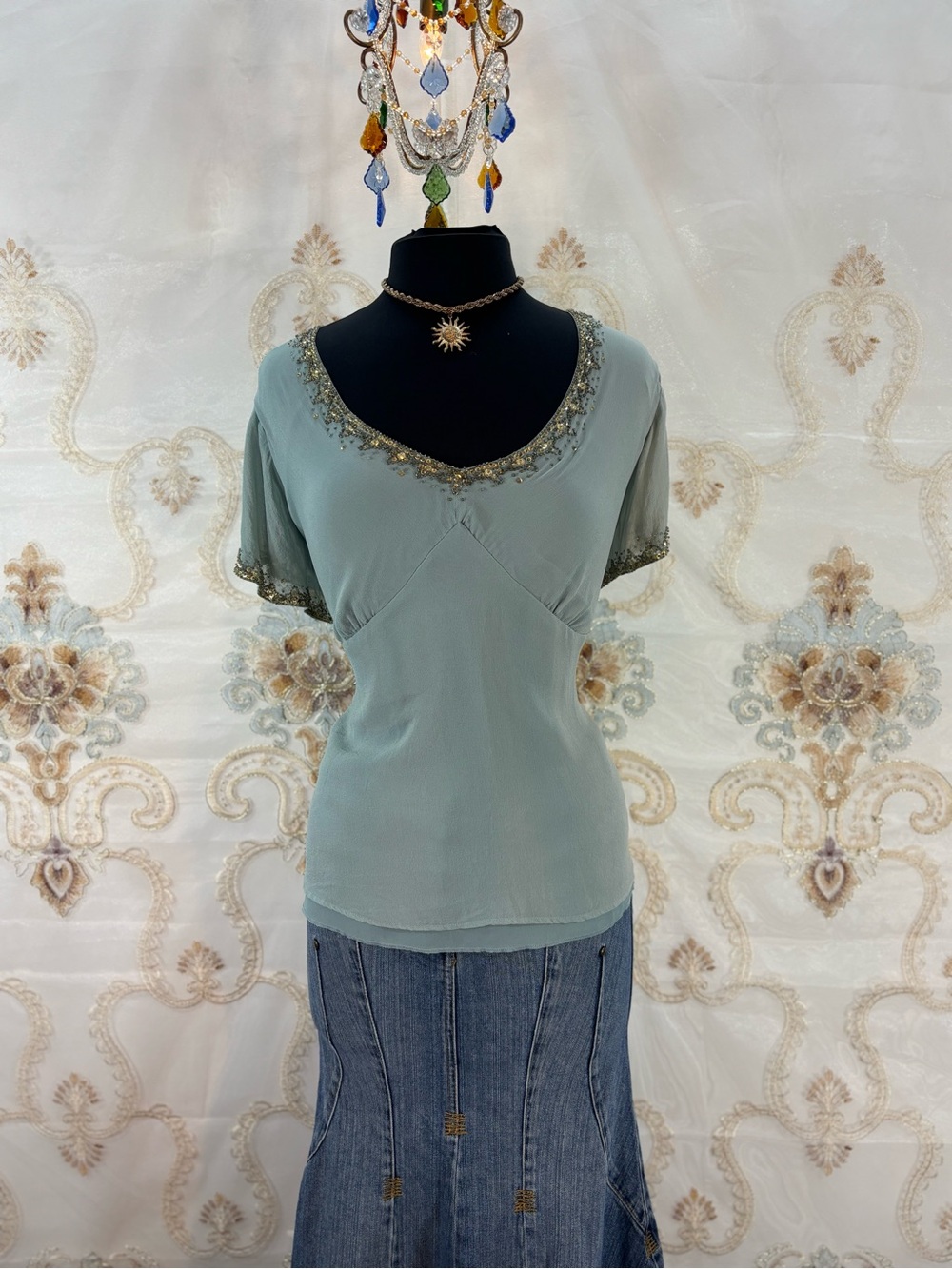 ✨Vintage Y2K Bohemian Silk Seafoam Beaded Fairy Blouse✨ - Picture 3 of 7